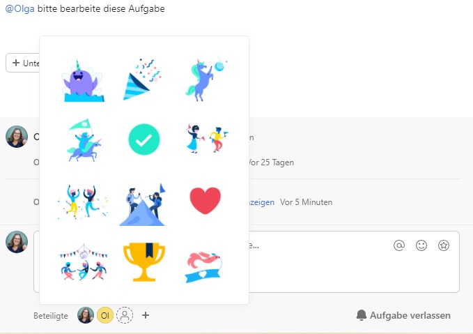 Lobessticker in asana für die Kommunikation mit dem Team