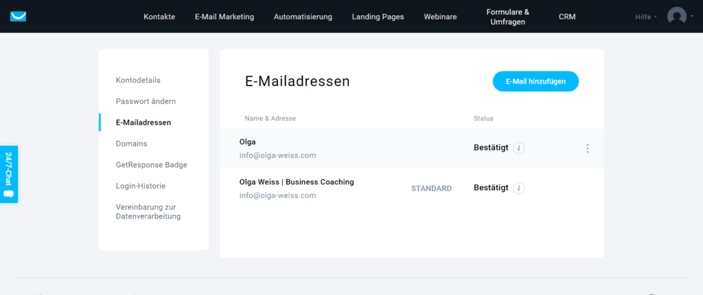 Absende-E-Mail bei GetResponse ändern