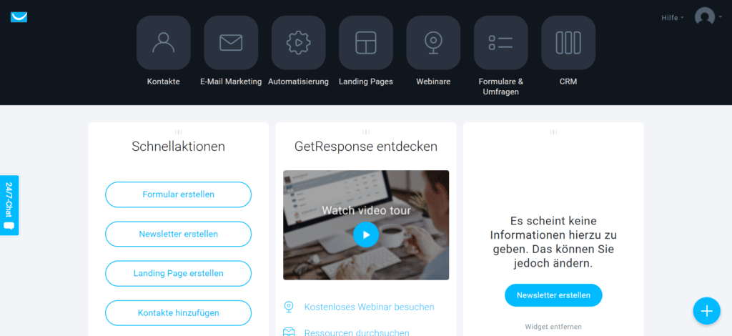 Dashboard von GetResponse nach dem Einloggen.