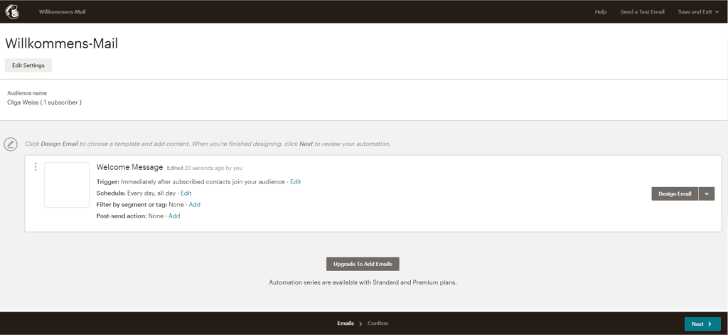 Mailchimp Automatisierungs-Dashbord