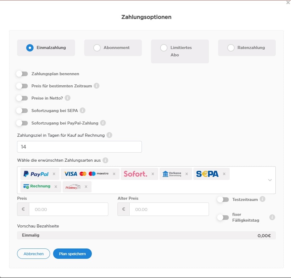 Zahlungsplan Einstellungen bei deinem elopage Produkt