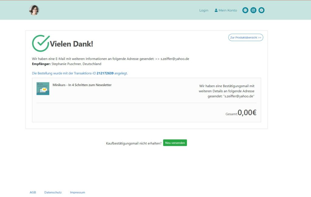 Dankesseite nach Kauf eines Produktes bei elopage